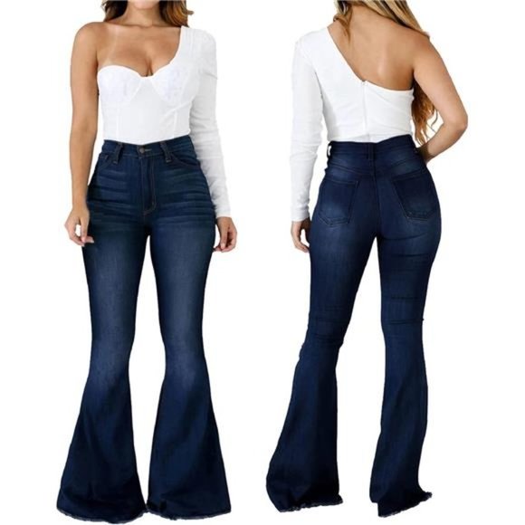 CuteCherry Bell Bottom Jeans for Women Ripped Skinny Bell Bottom Raw Hem Denim - Picture 4 of 5